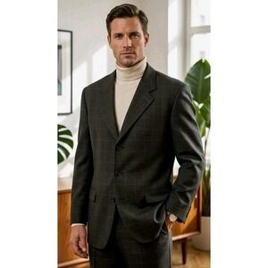 Carven Monsieur Paris Windowpane Suit Jacket Men's Blazer Size 42R Charcoal Gray